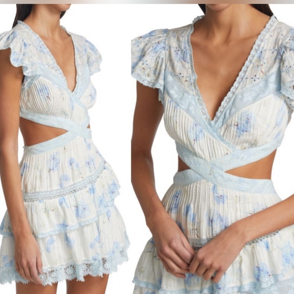 Loveshackfancy Audrina Cutout Mini Dress Blue Floral Tiered Lace Trim
Romantic